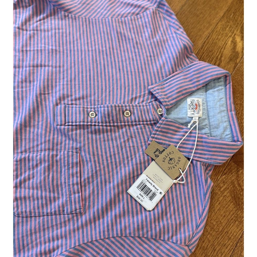 NWT Faherty Brand Short Sleeve Polo Pink Blue Stripe Men Large Organic Cotton